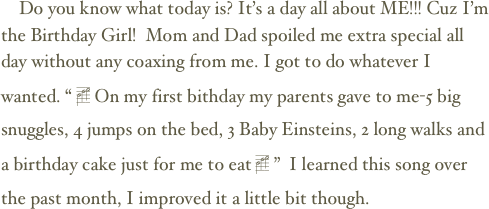     Do you know what today is? It’s a day all about ME!!! Cuz I’m the Birthday Girl!  Mom and Dad spoiled me extra special all day without any coaxing from me. I got to do whatever I wanted. “ hjk On my first bithday my parents gave to me-5 big snuggles, 4 jumps on the bed, 3 Baby Einsteins, 2 long walks and a birthday cake just for me to eat hjk ”  I learned this song over the past month, I improved it a little bit though.